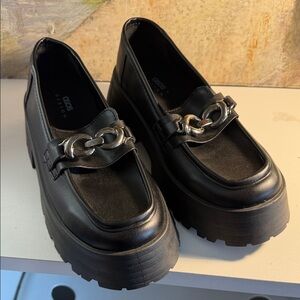 Asos Chunky Black Loafers with Brushed Silver Chain Accent, 7/38